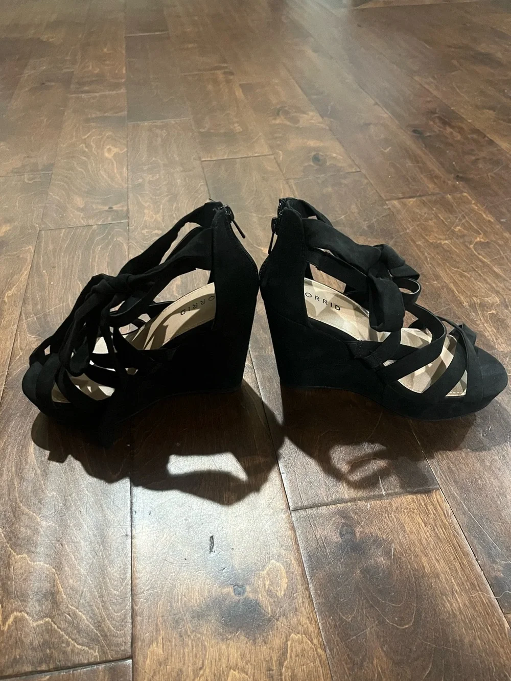 Torrid Black Suede Strappy Lace-Up Ankle-Wrap wedge sandals size WW 6.5